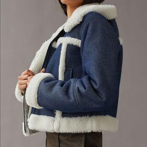 Urban Outfitters Roselyn Faux Sherling denim Blue Cozy cropped hood Jacket Coat